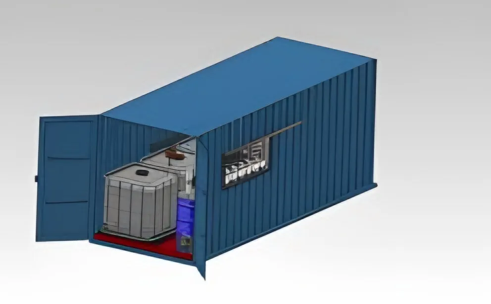 Render of a container lube unit with doors open showing tanks