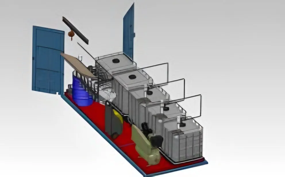 Render of container lube facility with IBC tanks and pumps