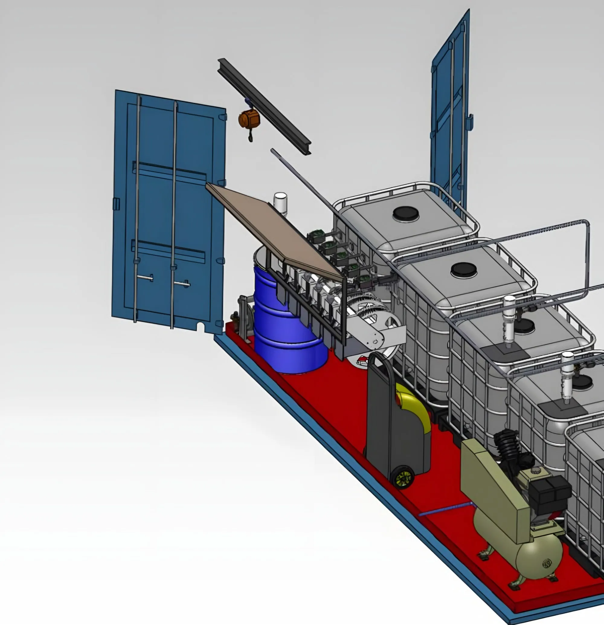 Render of a mobile lube facility fitted inside a shipping container